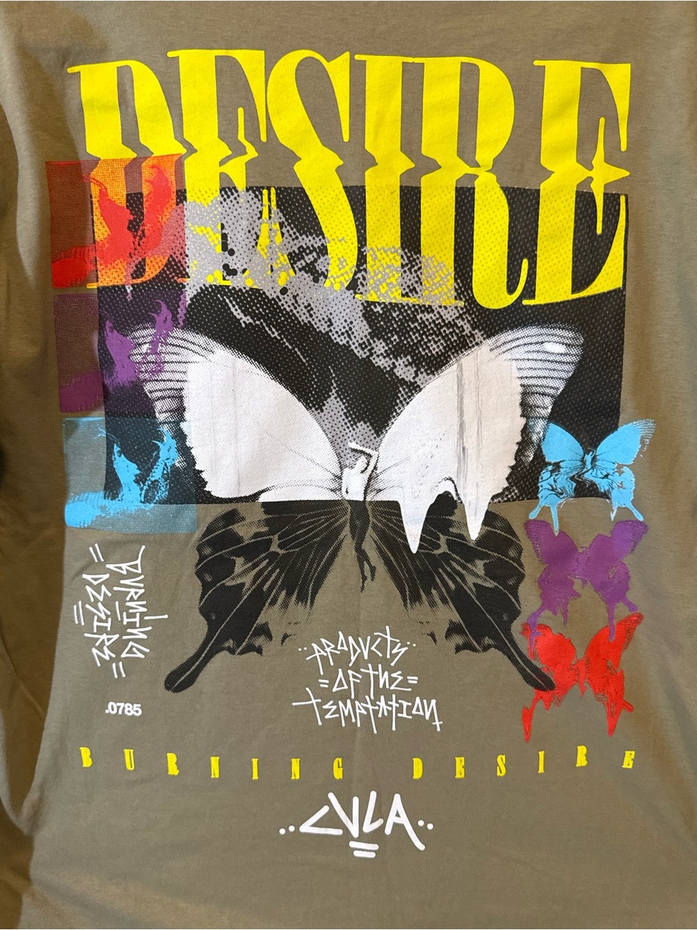 CVLA Graphic T-Shirt Desire Butterfly Print Olive Green Streetwear Size L NEW